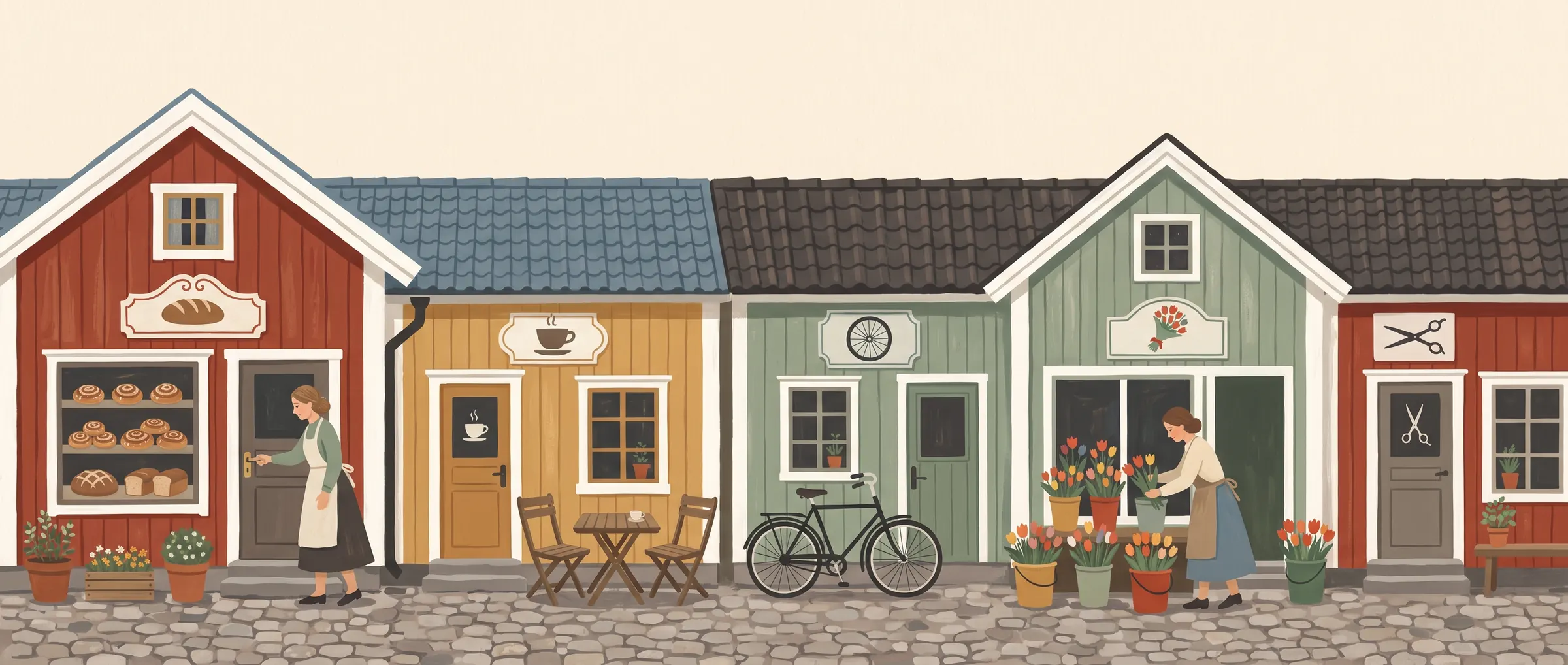 Målad illustration av en svensk småstadsgata med bageri, kafé, cykelverkstad, blomsterbutik och frisörsalong