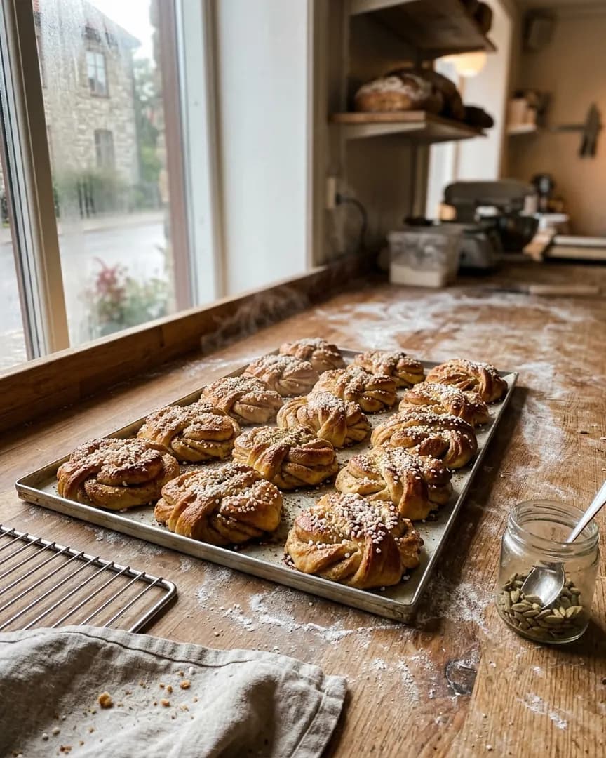 Plåt med nybakade kardemummabullar på ett mjöligt bakbord