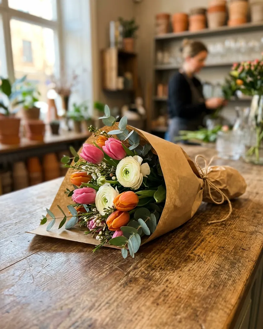 Bukett med tulpaner och eukalyptus inslagen i brunt papper