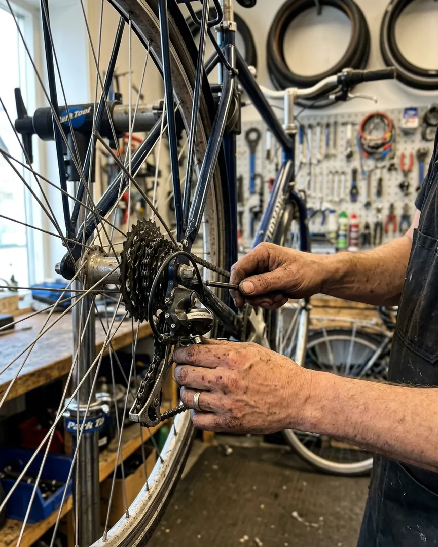 Mekaniker justerar bakväxeln på en cykel i verkstaden