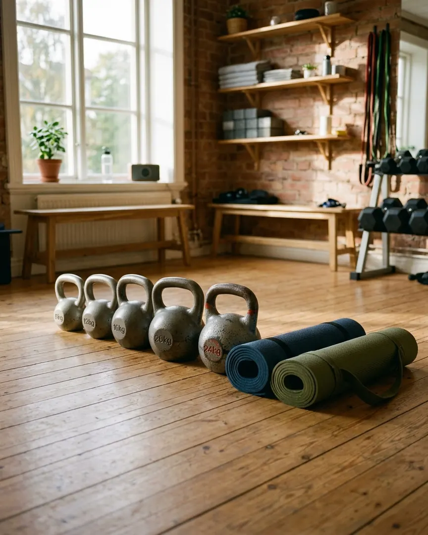Kettlebells och träningsmattor på trägolvet i en ljus studio