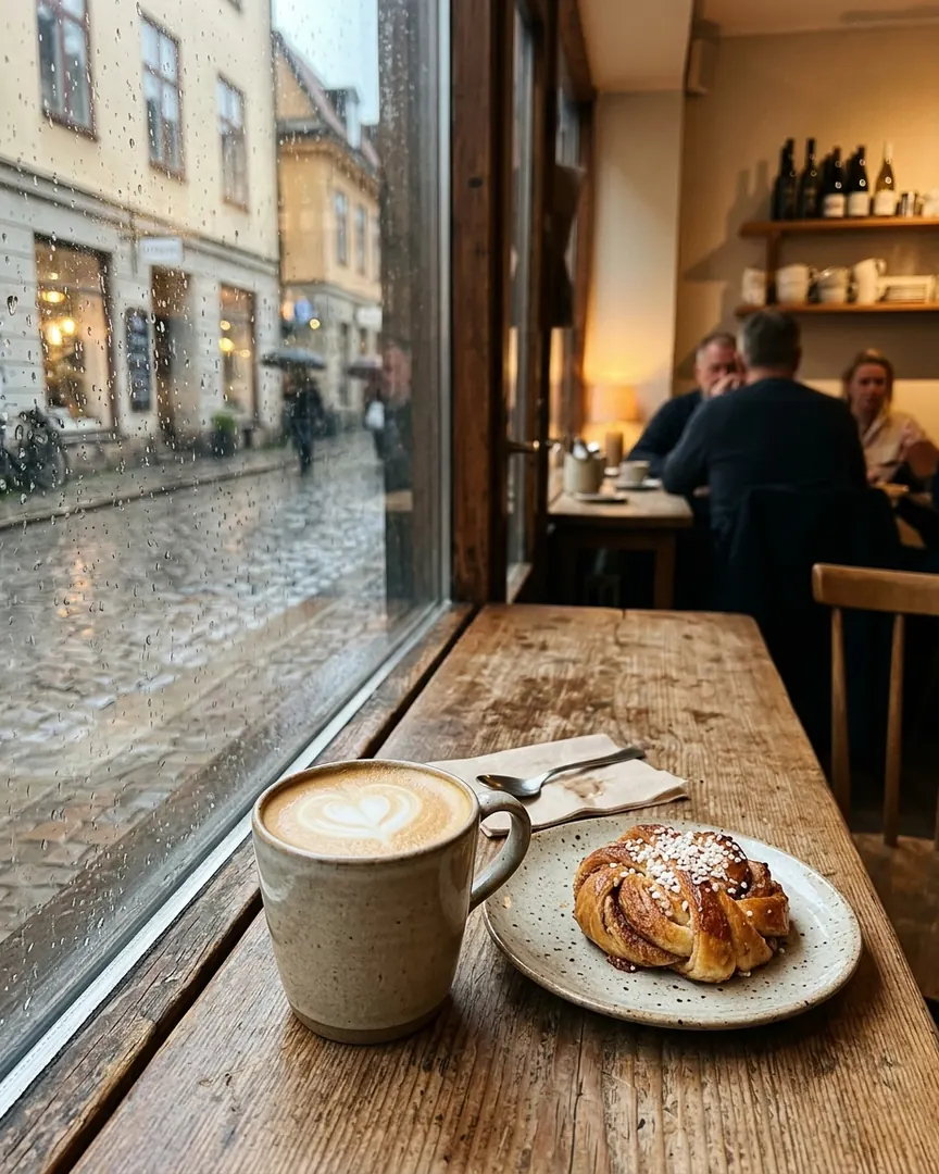 Latte och kanelbulle i ett kaféfönster en regnig dag
