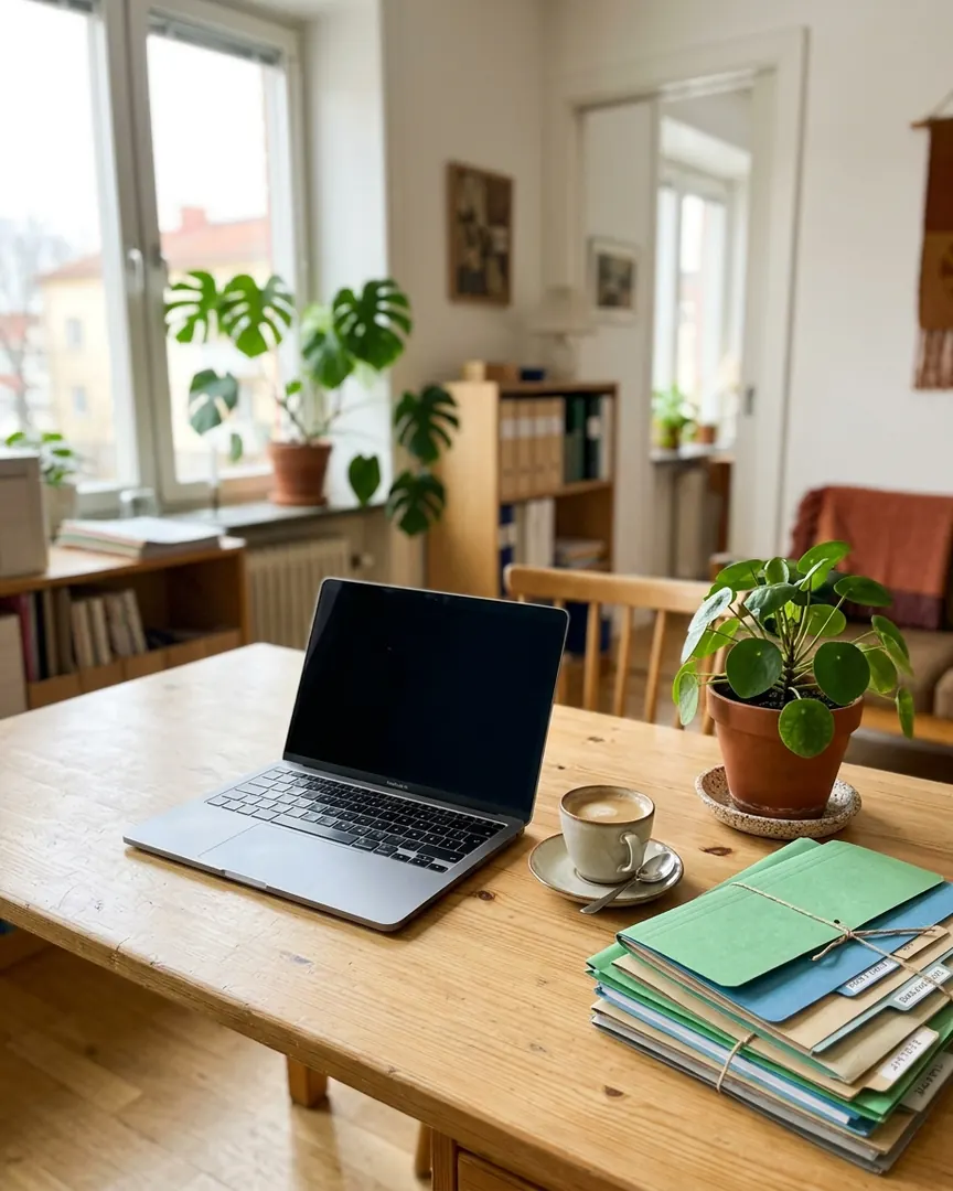 Prydligt skrivbord med bärbar dator, kaffe och mappar