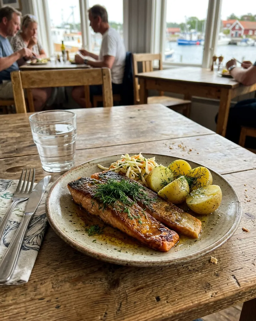 Stekt röding med dillpotatis på ett restaurangbord vid hamnen