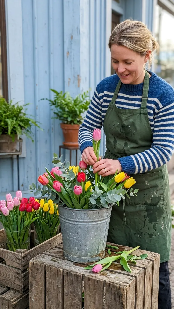 Florist arrangerar tulpaner i en zinkhink utanför butiken