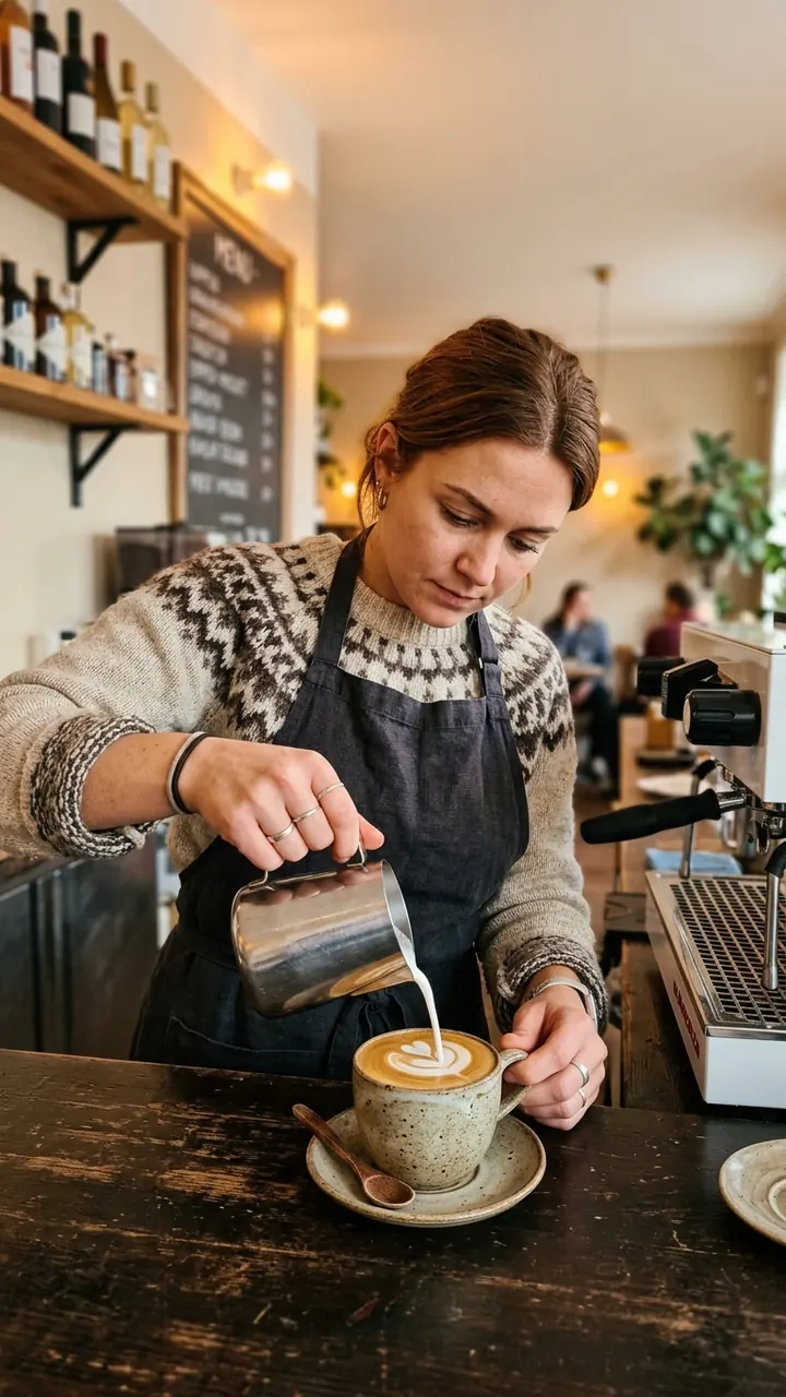 Barista häller mjölk i en kaffekopp