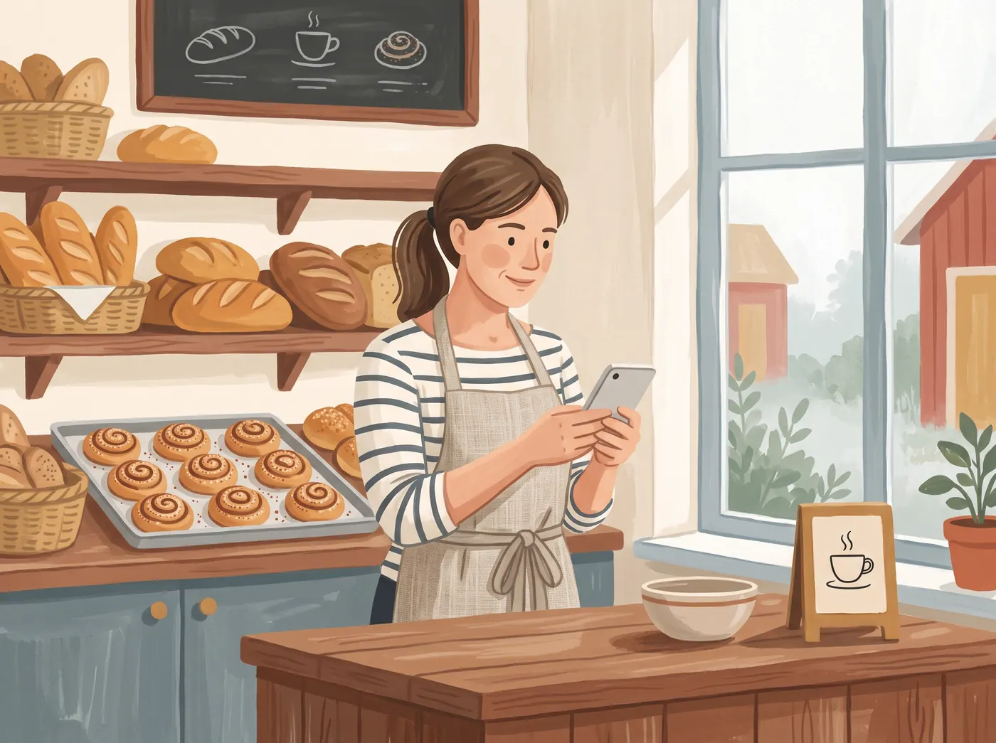 Illustration av en bagare som godkänner veckans inlägg i mobilen