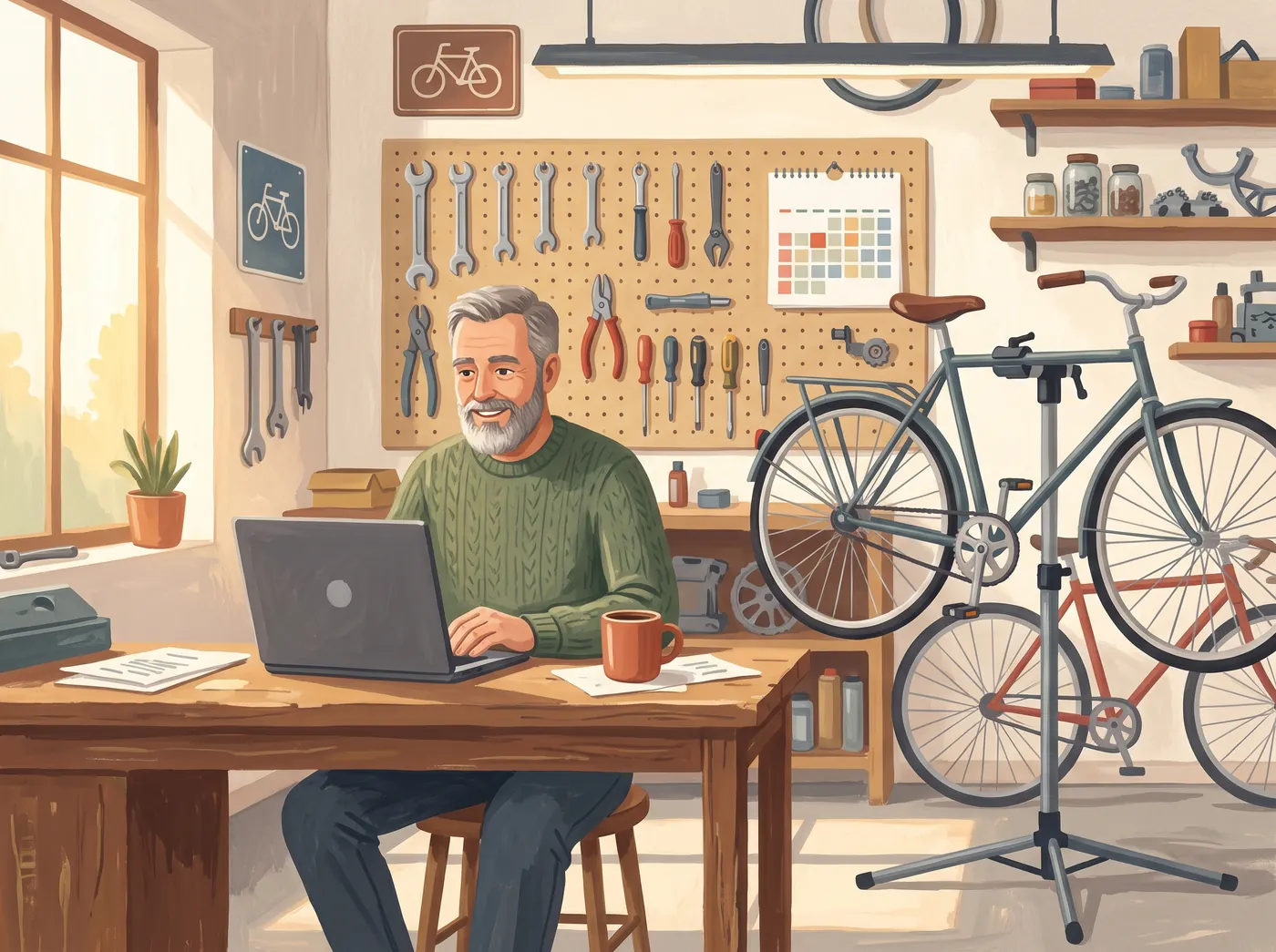 Illustration av en cykelreparatör som sitter vid datorn i sin verkstad